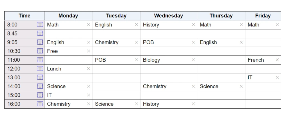 class schedule grid